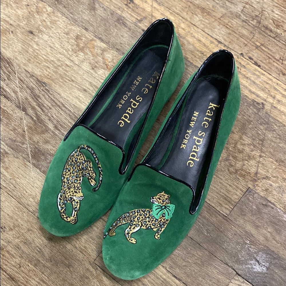 kate spade Green Suede Leopard Embroidered Loafers with Bow